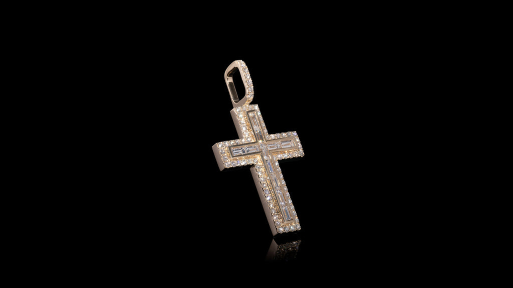 14K Yellow Gold Layered Baguette Diamond Cross Pendant