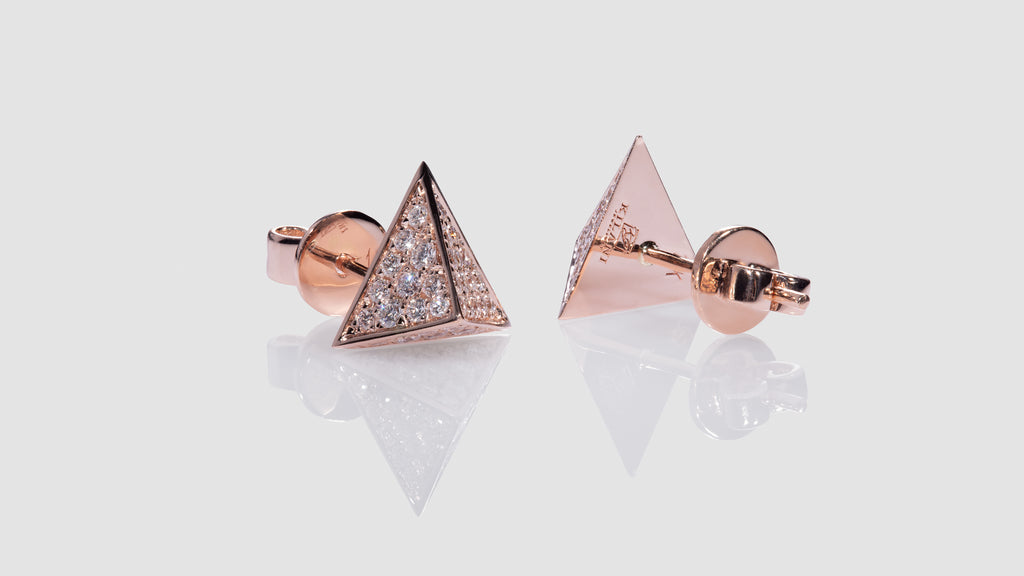 14k Rose Gold Diamond Pave Pyramid Triangle Stud Earring Stud 3d Point  Fashion Earrings