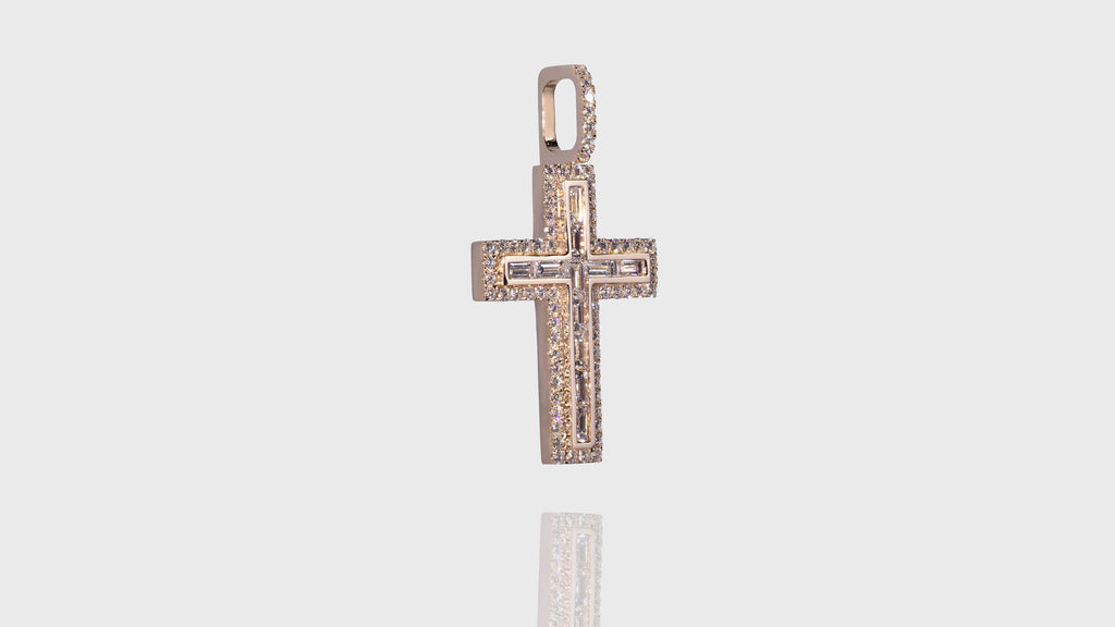 14K Yellow Gold Layered Baguette Diamond Cross Pendant