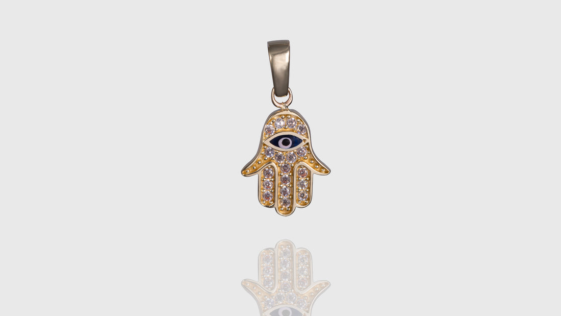 10K Yellow Gold CZ Eye In Hamsa Hand Mini Charm Pendant