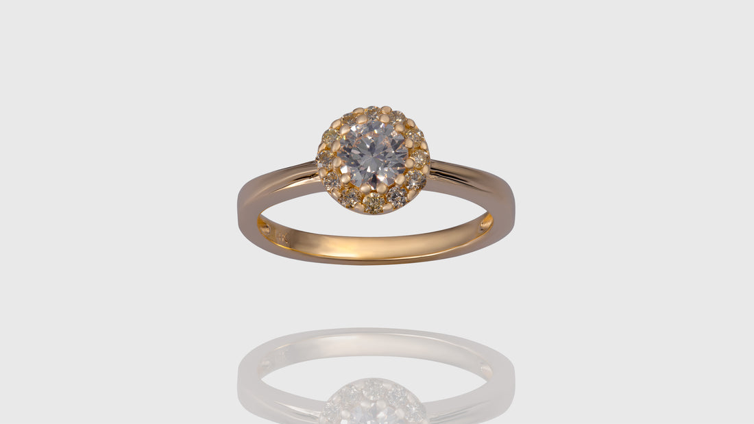 14K Yellow Gold Flower Halo Engagement Diamond Ring