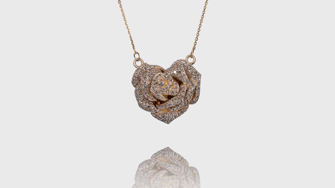 14K Rose Gold 3D Rose In Heart Diamond Pendant