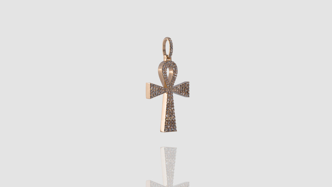 14K Yellow Solid Gold Ankh Diamond Pendant