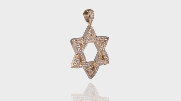 14K Yellow Gold 3D Star of David Diamond Pendant