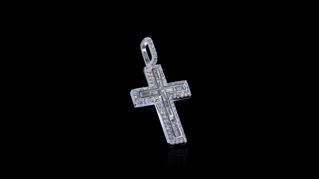 14K Gold Layered Baguette Diamond Cross Pendant