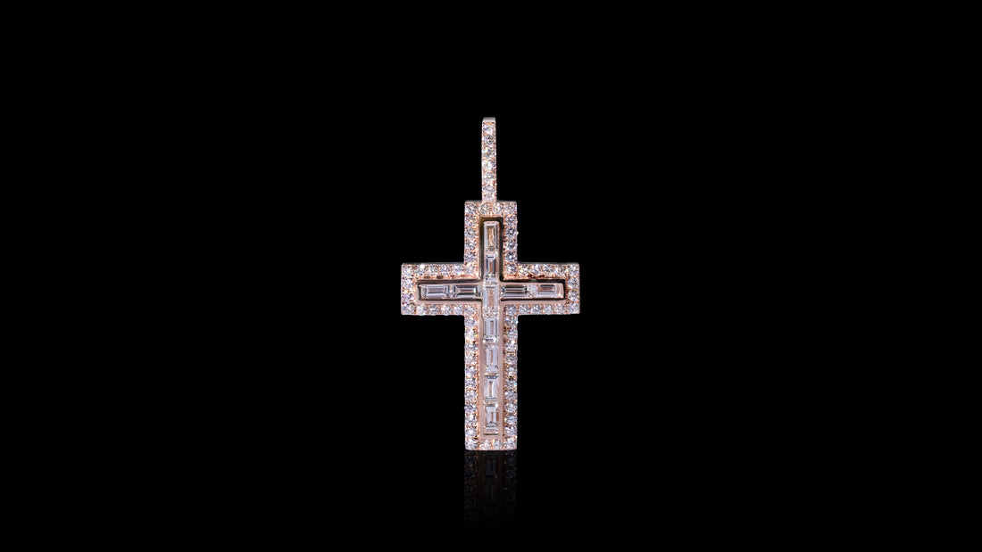 14K Gold Layered Baguette Diamond Cross Pendant