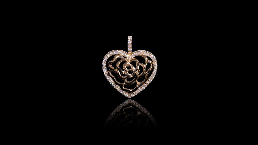 18K Gold Rose In Heart Diamond Pendant