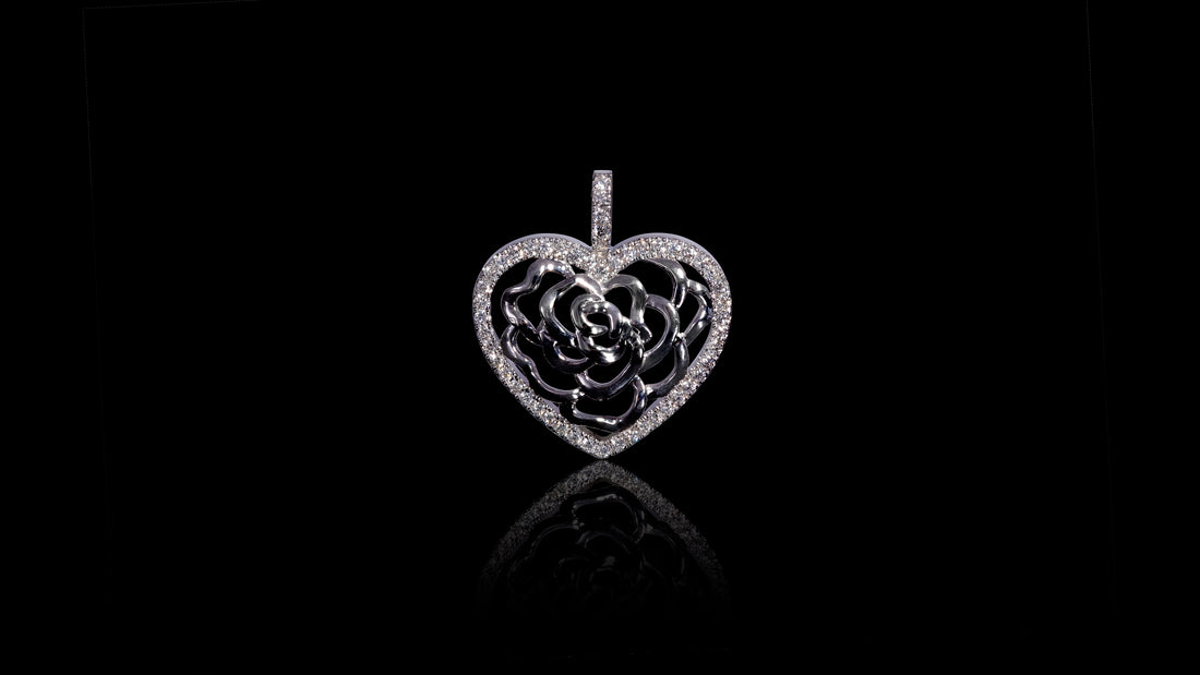 18K Gold Rose In Heart Diamond Pendant