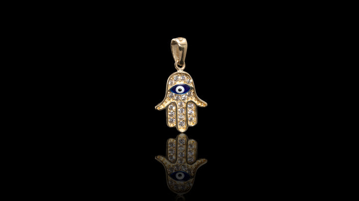 10K Yellow Gold CZ Eye In Hamsa Hand Mini Charm Pendant