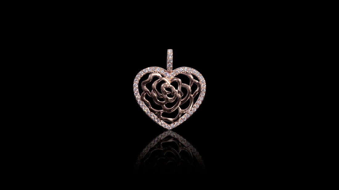 18K Gold Rose In Heart Diamond Pendant