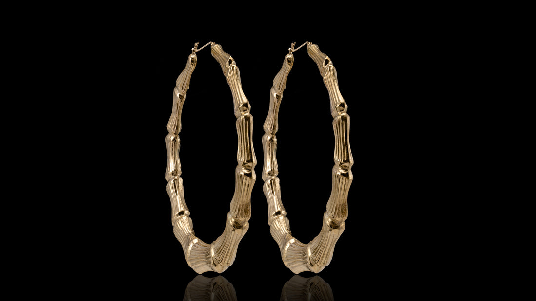 10K Yellow Gold Big Bamboo Hoop Earrings