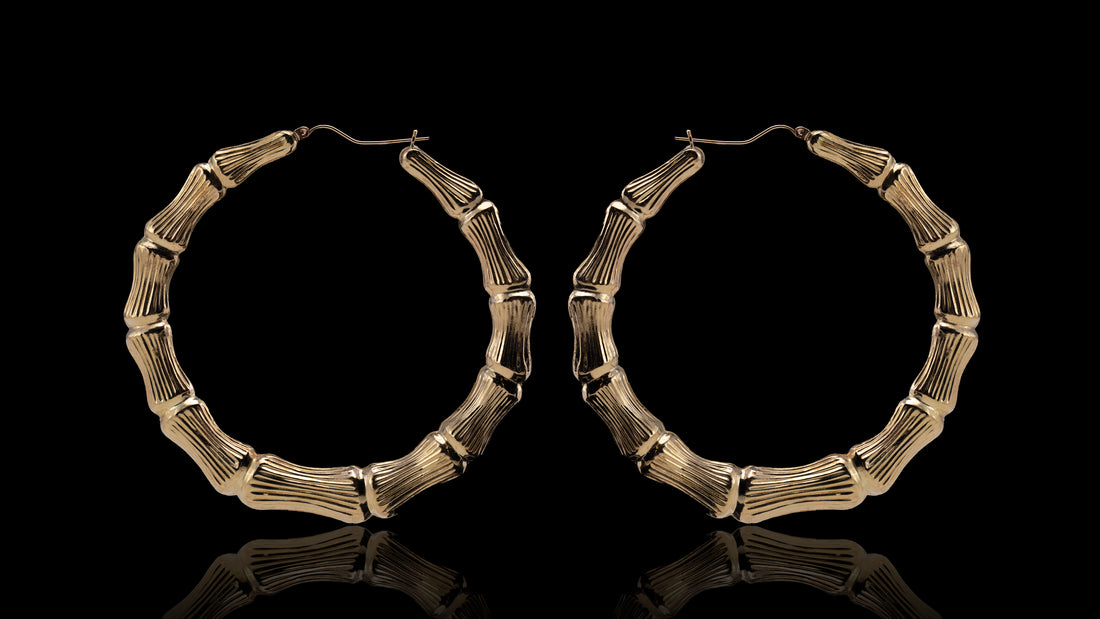 10K Yellow Gold Big Bamboo Hoop Earrings