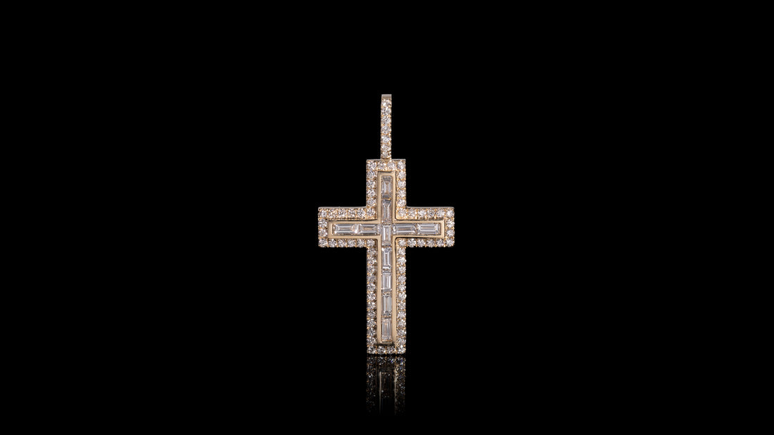 14K Gold Layered Baguette Diamond Cross Pendant