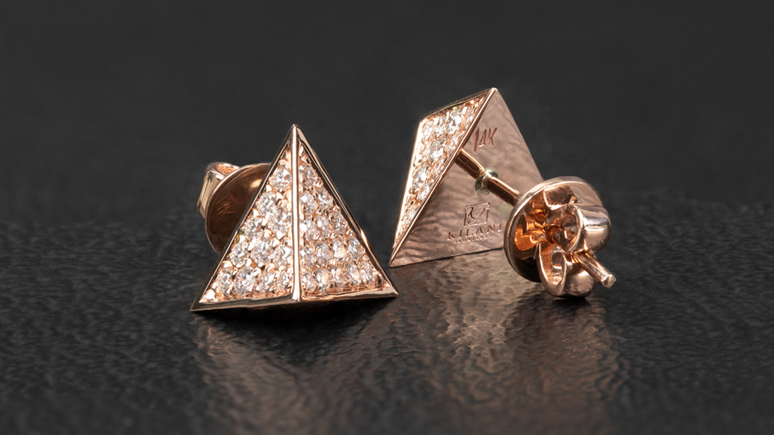 14K Gold Pyramidal Shape Diamond Earrings