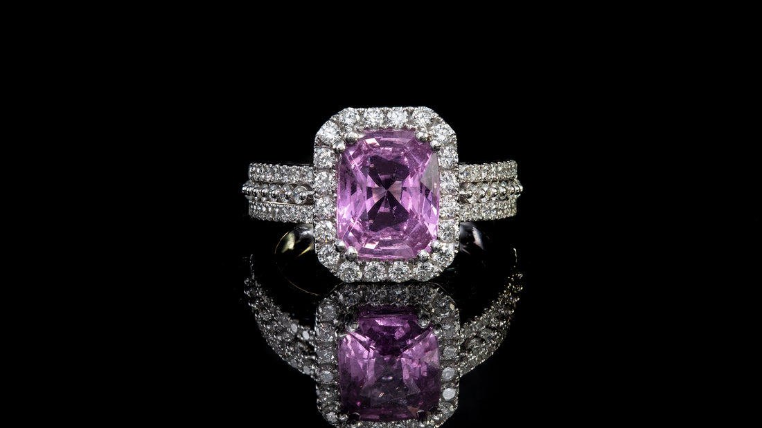 14K White Gold Rectangle Pink Sapphire In Halo Ring