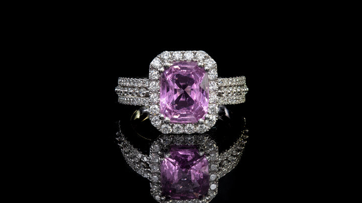 14K White Gold Rectangle Pink Sapphire In Halo Ring