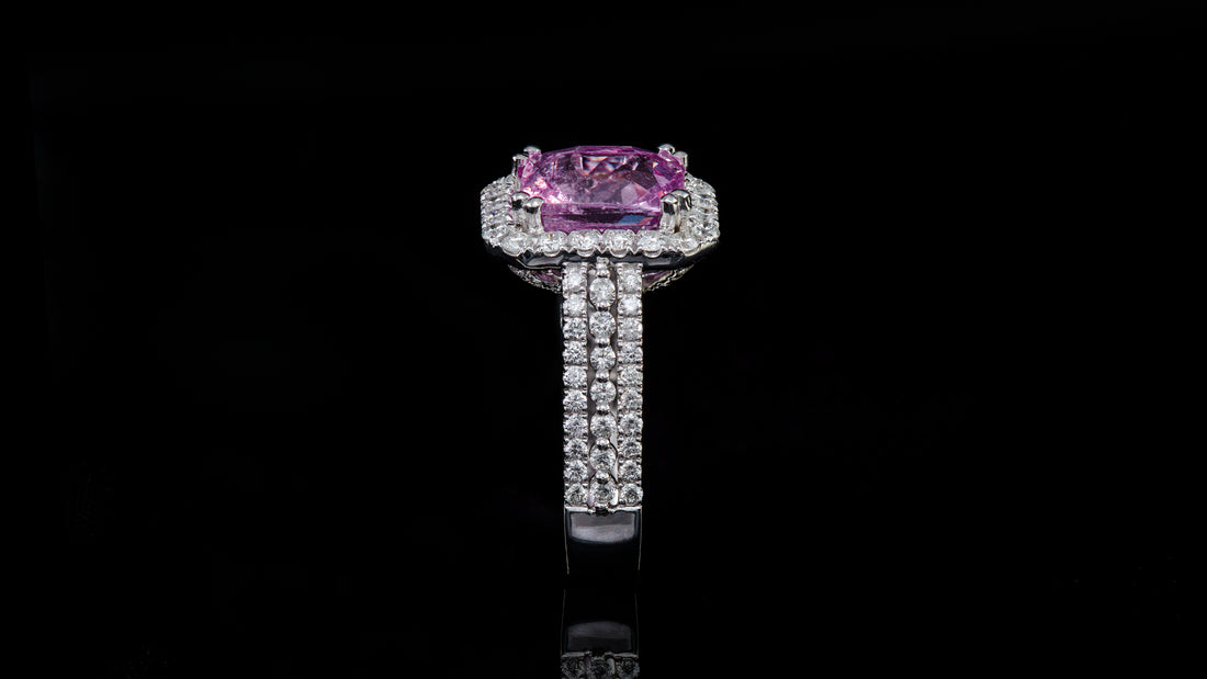 14K White Gold Rectangle Pink Sapphire In Halo Ring