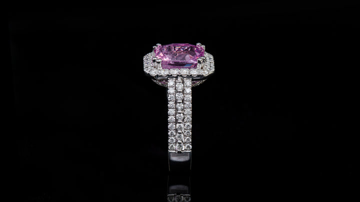 14K White Gold Rectangle Pink Sapphire In Halo Ring