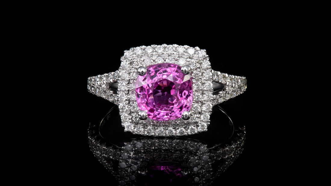 18K White Gold Pink Sapphire In Layered Square Halo Ring