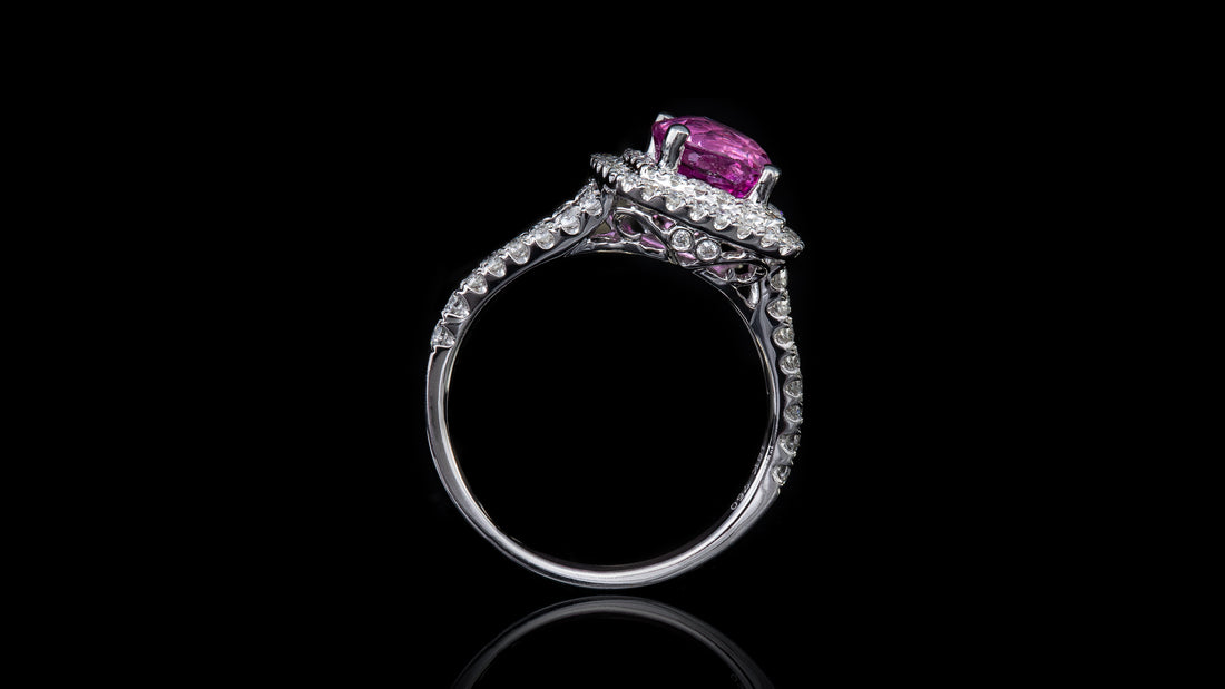 18K White Gold Pink Sapphire In Layered Square Halo Ring