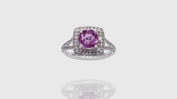 18K White Gold Pink Sapphire In Layered Square Halo Ring