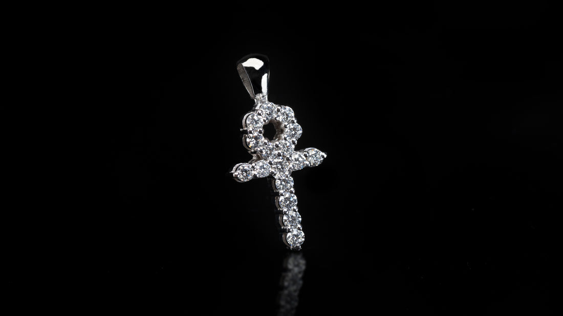 14k White Gold Tennis Ankh Diamond Pendant