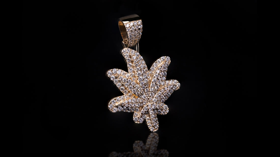 14K Yellow Gold Layered Marijuana Leaf Diamond Pendant