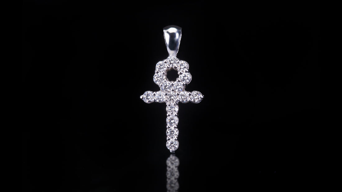 14k White Gold Tennis Ankh Diamond Pendant