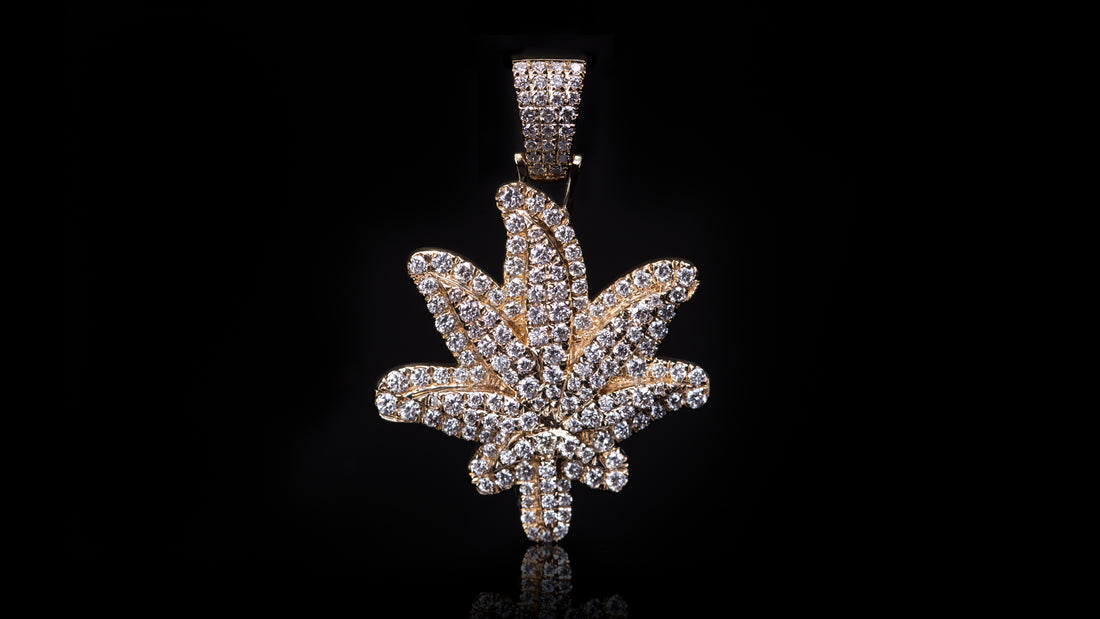 14K Yellow Gold Layered Marijuana Leaf Diamond Pendant