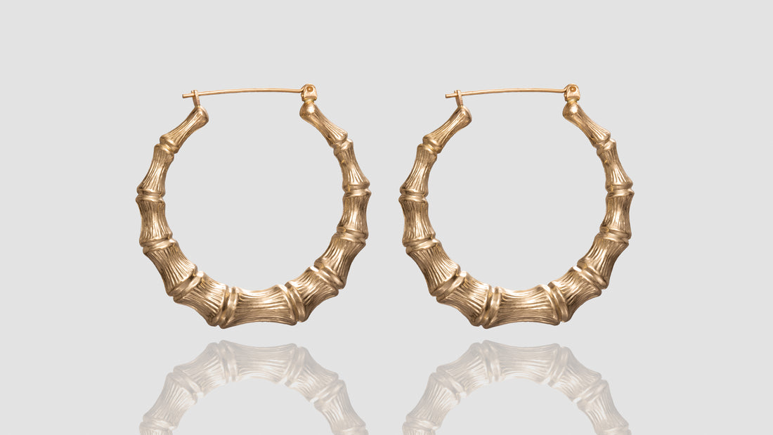 10K Yellow Gold Big Bamboo Hoop Earrings