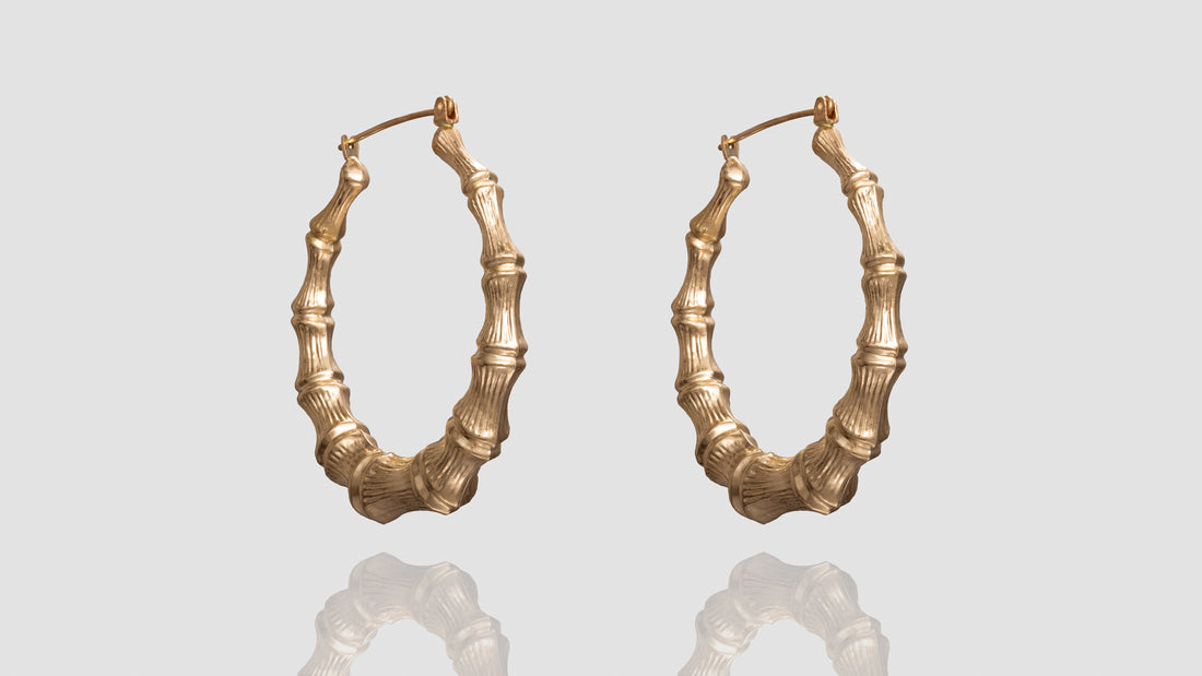 10K Yellow Gold Big Bamboo Hoop Earrings