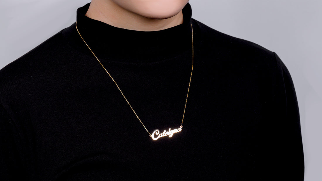 14K Yellow Gold Custom Cursive Name Plate Necklace