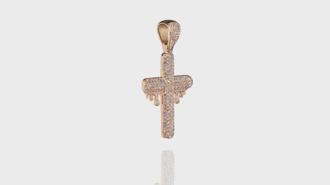 14K Yellow Gold Dripping Diamond Cross Pendant