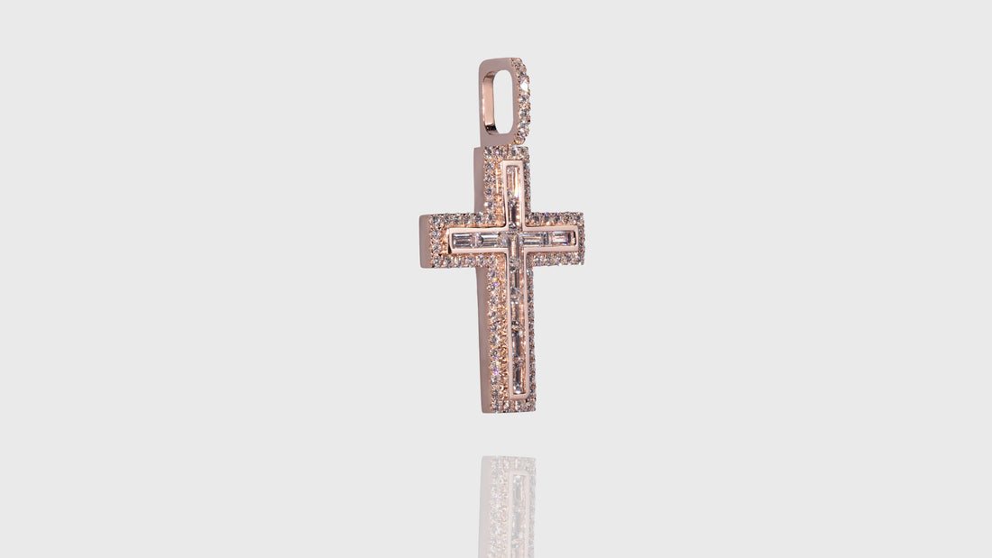 14K Gold Layered Baguette Diamond Cross Pendant