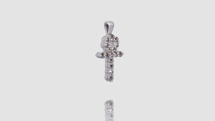 14k White Gold Tennis Ankh Diamond Pendant