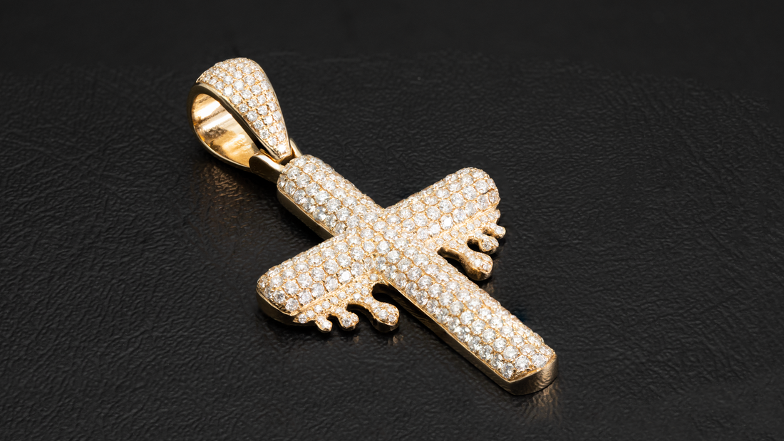 14K Yellow Gold Dripping Diamond Cross Pendant