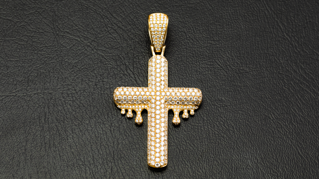 14K Yellow Gold Dripping Diamond Cross Pendant