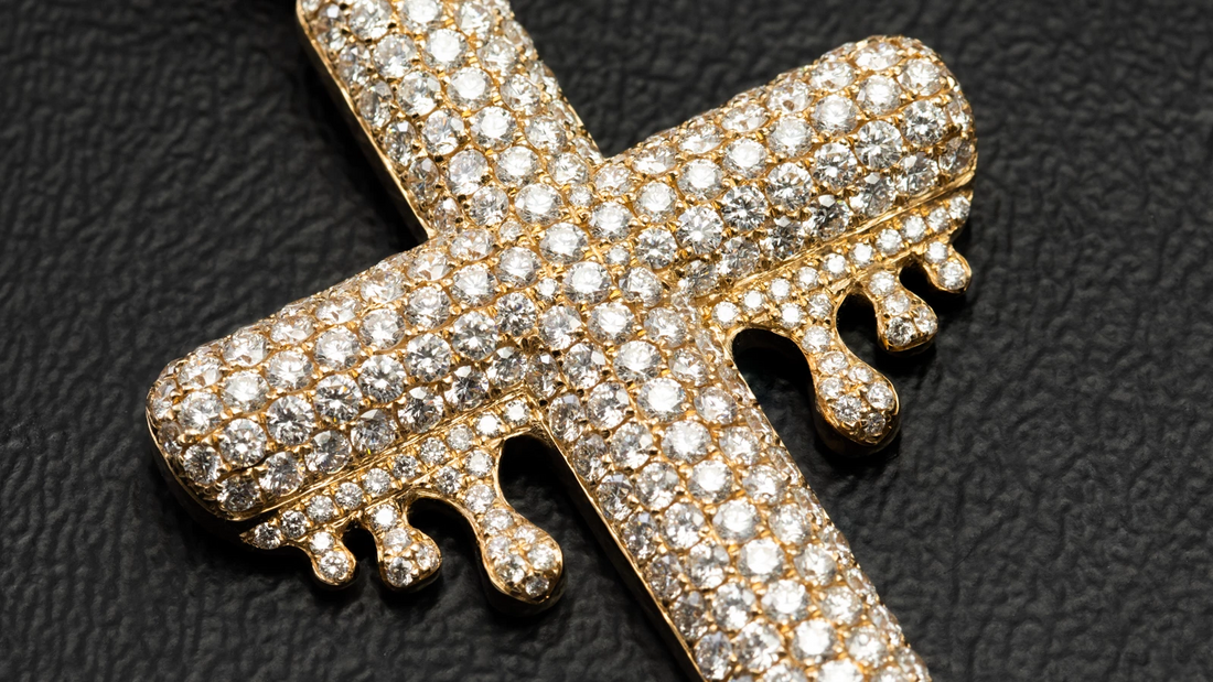 14K Yellow Gold Dripping Diamond Cross Pendant