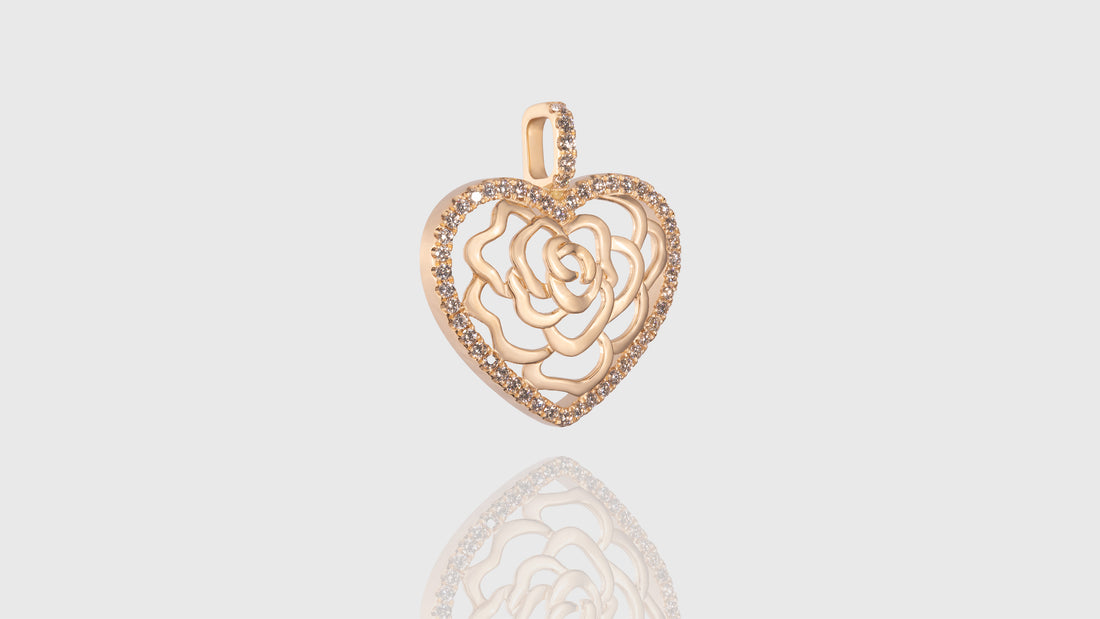 18K Gold Rose In Heart Diamond Pendant